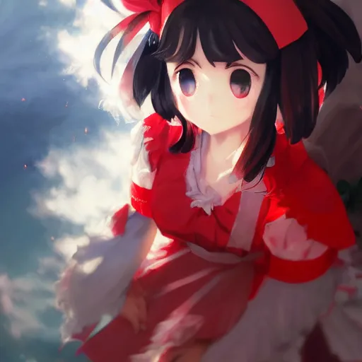 Prompt: artwork portrait of reimu hakurei from touhou project, reimu hakurei touhou artwork by greg rutkowski makoto shinkai sakimichan key art 4 k 8 k ultrahd trending award winning sparkling eyes