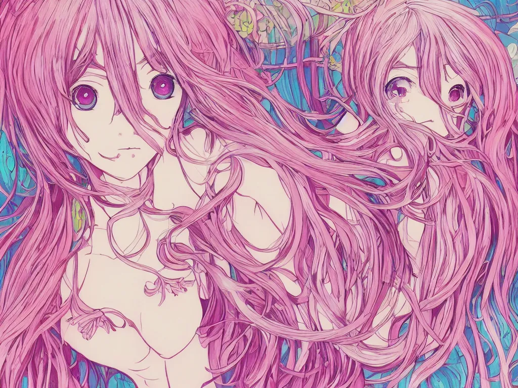 Prompt: colorful blueprint kawaii pink hair anime girl, illustration, intricate, elegant, digital painting, highly detailed, artstation, colorful, beautiful, studio ghibli, hayao miyazaki, takashi murakami, alfons mucha, manga, cute and adorable