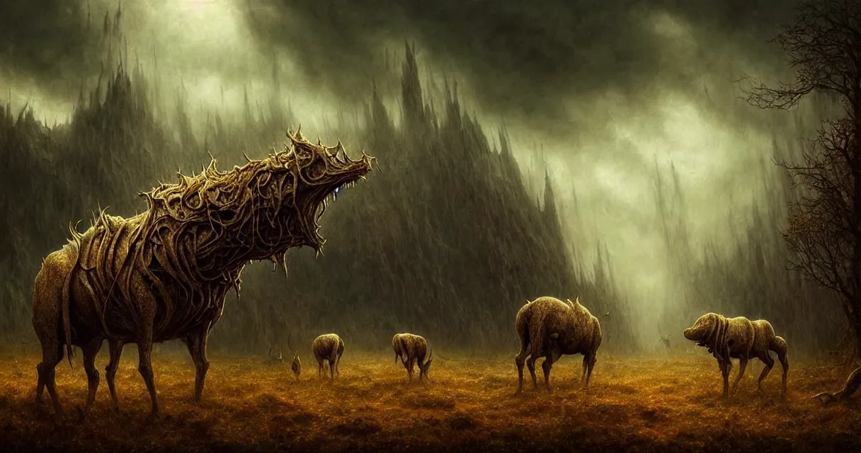 Image similar to epic professional digital art of startling hungry landscape, faint golden moody atmospheric lighting, painted, intricate, detailed, detailed, foreboding, by leesha hannigan, wayne haag, reyna rochin, ignacio fernandez rios, mark ryden, iris van herpen,, epic, stunning, gorgeous, much wow, cinematic, masterpiece.