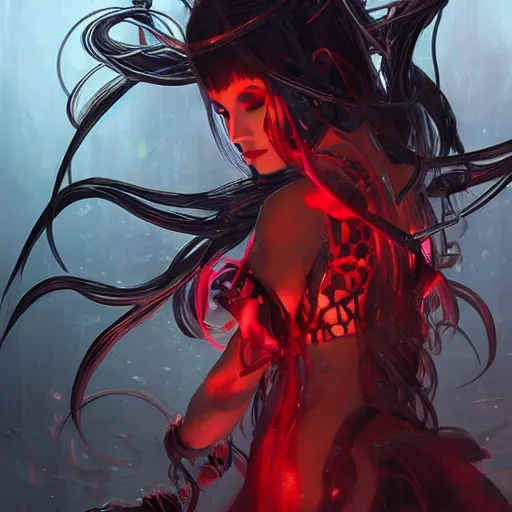 Image similar to japanese spider goddess, d & d, black and red color palette, highly detailed, digital painting, artstation, concept art, sharp focus, illustration, cinematic lighting, art by artgerm and greg rutkowski and alphonse mucha