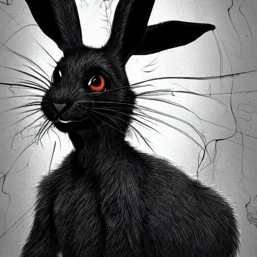 Image similar to A extremely highly detailed majestic hi-res beautiful, highly detailed head and shoulders portrait of a scary terrifying, horrifying, creepy black cartoon rabbit with scary big eyes, earing a shirt laughing in the style of Walt Disney