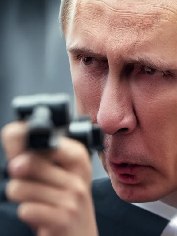 Prompt: 4K HD, high detail photograph, shot with Sigma f/ 4.2 , 250 mm sharp lens, shallow depth of field : (subject= angry looking Vladimir Putin holding a sniper gun + subject detail= accurate body features, consistent, high detailed light refraction , high level texture render)