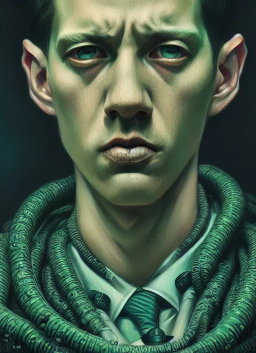 Prompt: hyper detailed ultra sharp h. p. lovecraft photorealistic portrait, somber melancholic aesthetic, masterpiece, elite, illustration, art by sachin teng, felix englund, organic matte painting, emerald color palette, hard edges, graffiti, street art 8 k