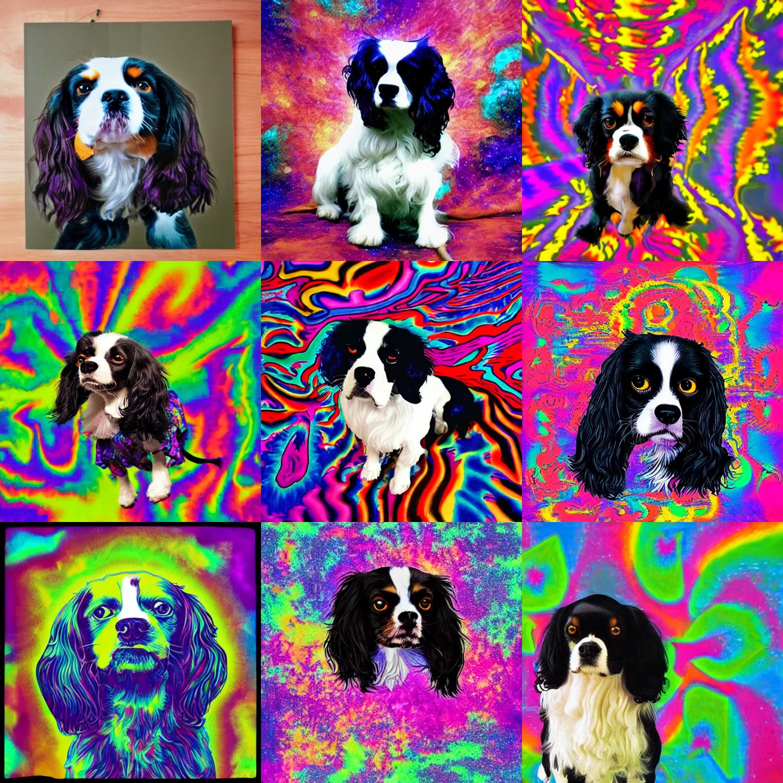 Prompt: black king charles cavalier floating through psychedelic space
