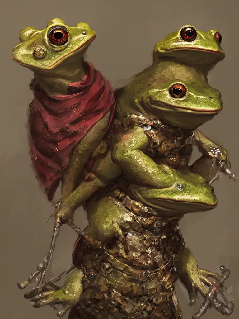 Image similar to Portrait of a medieval humanoid frog dressed in rich clothes and carrying magic trinkets, painted by Craig Mullins, trending on ArtStation