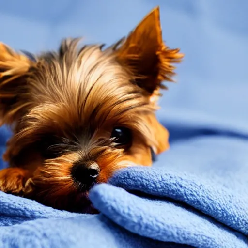 Image similar to digital painting of a cute adorable yorkie puppy sleeping on a soft blanket