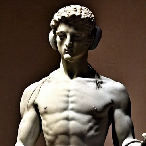 Image similar to A photo of Michelangelo's sculpture of David wearing headphones djing