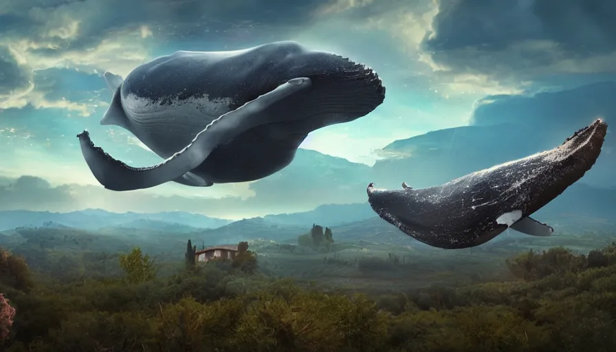 Image similar to highly detailed cinematic scifi render of a flying whale over the tuscany skies, cypresses and hills, stars and planets, hyper detailed, digital art, led lighting, studio quality, smooth render, unreal engine 5, octane render, trending on artstaion.