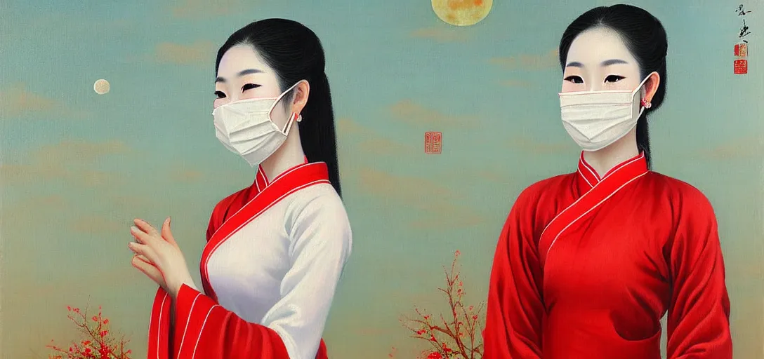 Prompt: vietnamese female with white cloth mask wearing traditional red ao dai, full moon on the sky, a ultra detailed beautiful aged oil panting by le pho