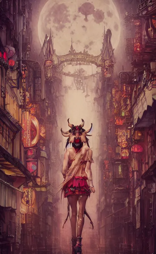 Image similar to hyper realistic Princess Mononoke, ornate mask magic, wet market street, cyberpunk metropolis, city landscape, jewels, full body pose, full moon, style of tom bagshaw, mucha, james gurney, norman rockwell, denoised, sharp