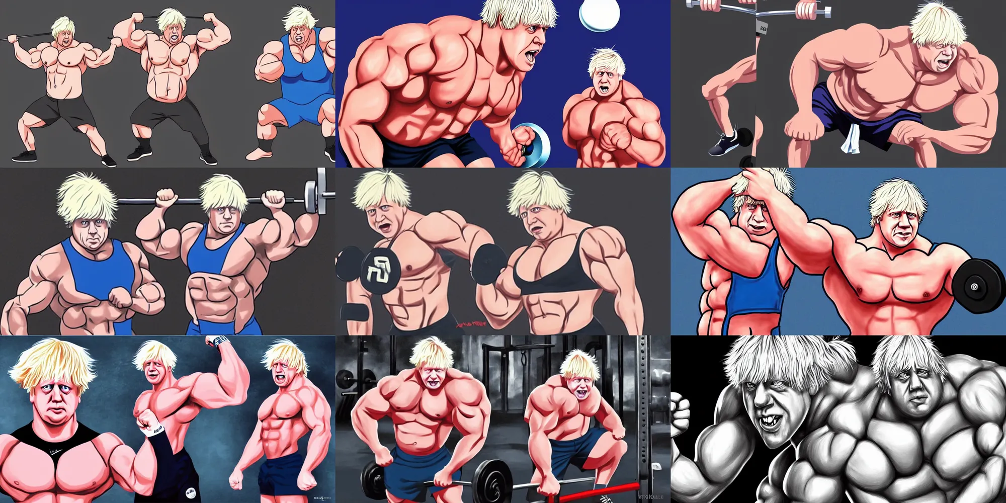 Prompt: a very strong boris johnson in the gym, big muscles, anime, illustration, hyper realistic
