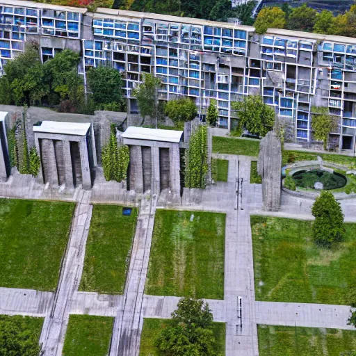 Image similar to aerial view of brutalist extensive monument ricardo bofill ( ( ( ( ( park ) ) ) ) ) spomenik with ( ( railings ) ) photo, 4 k