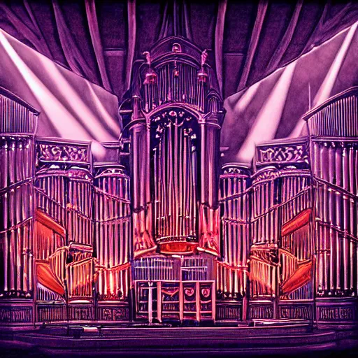 Prompt: pipe organ stereo system hybrid on a rock concert stage, style of john harris, david hardy, michael okuda, vincent di fate, rongier, dramatic lighting, detailed, gothic, ornate, symmetrical, kafka, dark colors