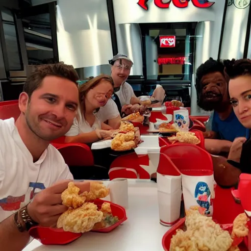 Image similar to the ghostbuster crew eating at kfc