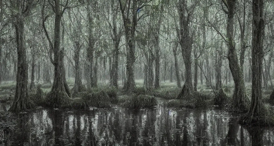 Prompt: A dense and dark enchanted forest with a swamp, by Jason De Graaf