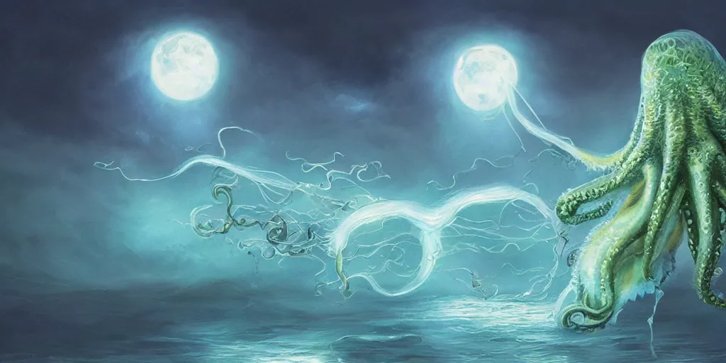 Prompt: a portuguese man o'war being attacked by a cthulhu in an ocean lit only by the light reflected off the moon, digital painting, artstation, dark, fog