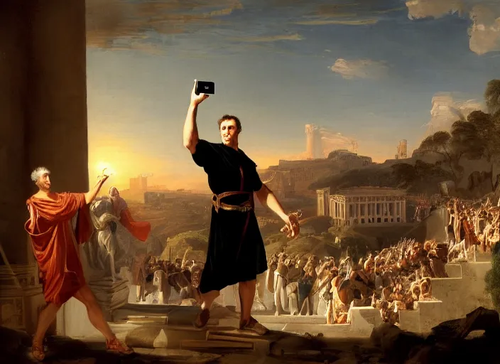 Image similar to julius caesar taking a selfie with an iphone as rome burns behind him by thomas cole and wlop