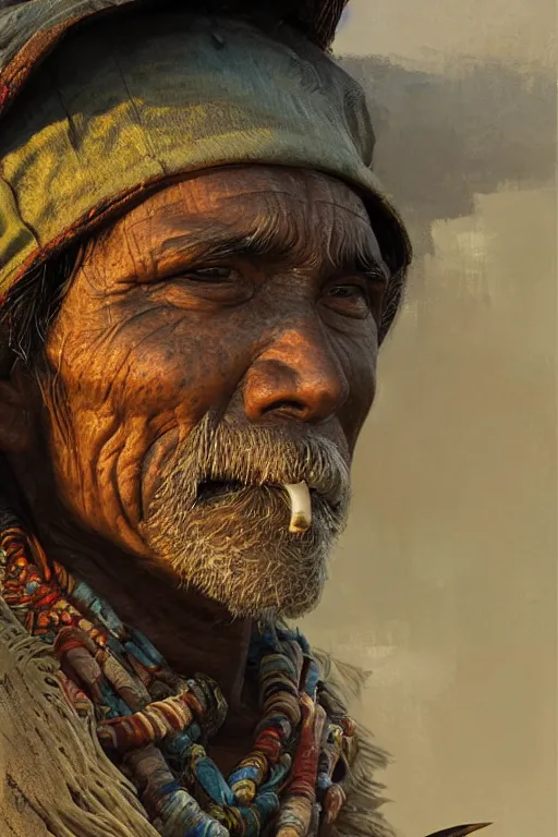 Prompt: aztec fisherman, close - up portrait, poor, intricate, elegant, volumetric lighting, scenery, digital painting, highly detailed, artstation, sharp focus, illustration, concept art, ruan jia, steve mccurry