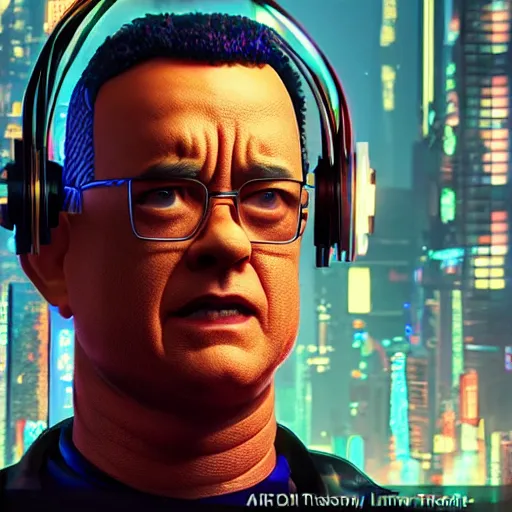 Prompt: cyberpunk tom hanks, macro, vibrant, 30mm photography, gta artstyle, wide shot, dramatic lighting, octane render, hyperrealistic, high quality, highly detailed, artstation, HD, beautiful, cinematic, 8k, unreal engine, facial accuracy, symmetrical