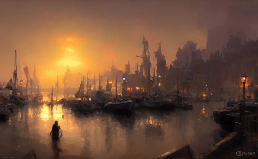 Prompt: an old harbour at dusk by greg ruthkowski and craig mullins