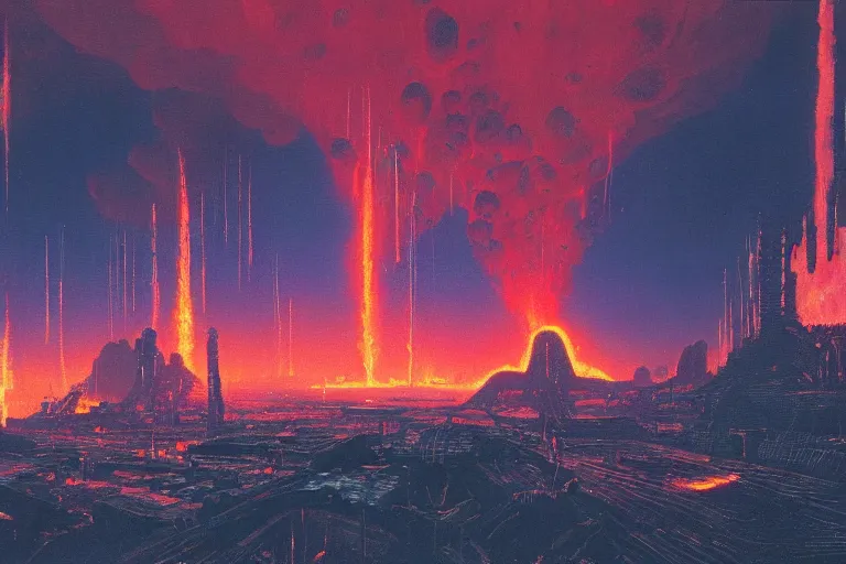 Prompt: a cyberpunk city in the crater of a volcano, lava flowing, smoke, fire, industrial, by paul lehr