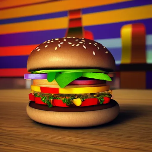 Prompt: 3 d render of rainbow burger, sunny day