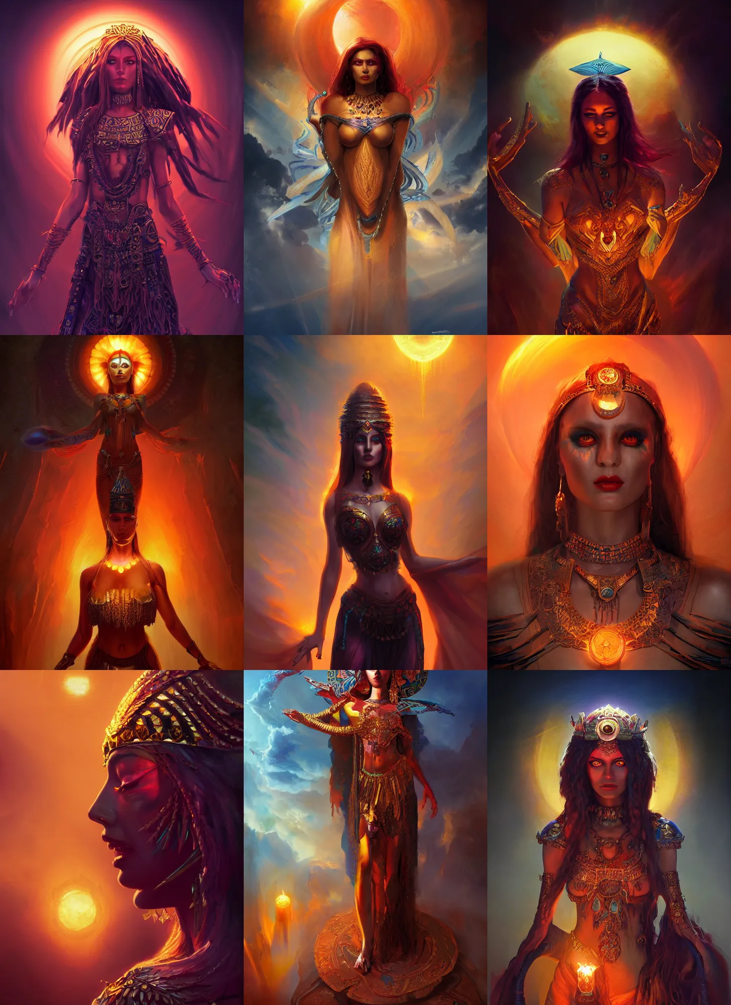 Prompt: Sumerian sun goddess, vivid colors, dark shadows, contrast, concept art, sharp focus, digital art, Hyper-realistic, 4K, Unreal Engine, Highly Detailed, Dramatic Lighting, Beautiful, by Brom, bastien lecouffe-deharme