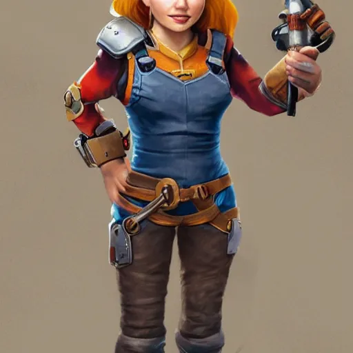 Image similar to extremely realistic portrait of a real life female gnome mechanic artificer character, one prosthetic arm metallic gauntlet, standing on a boat with naval background, trending on artstation, heroic pose, highly detailed, 8k