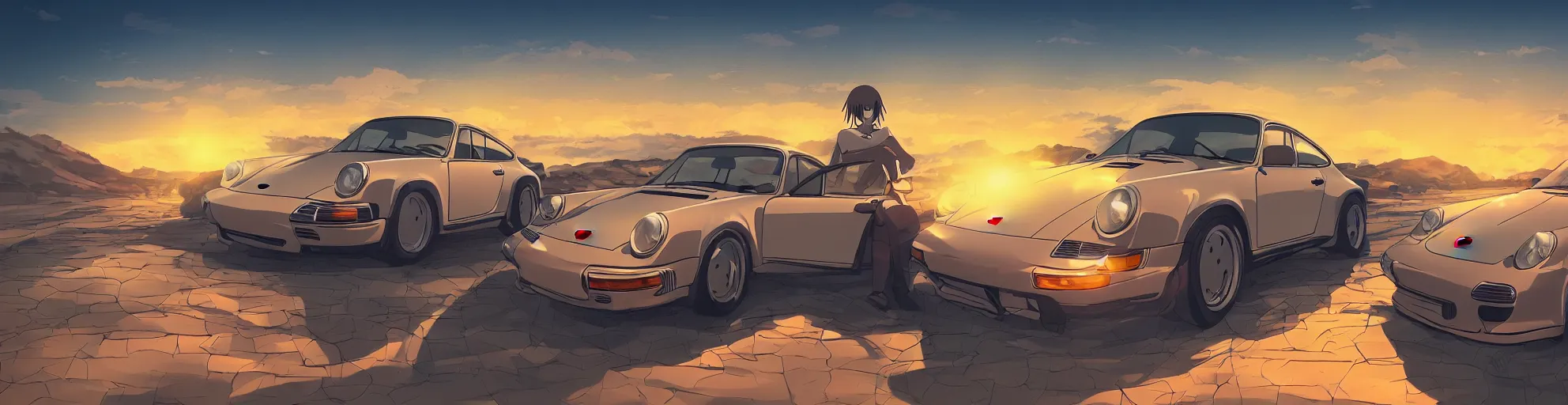 Image similar to beautiful, detailed digital painting of a porsche 9 1 1 looking at the sunset, anime by makoto shinkai, sand, waves, trending on artstation