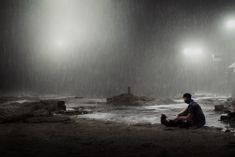 Image similar to a photo of heavy rain on a man sitting on a car in a sunken city, outdoor lighting, dynamic lighting, volumetric, wide angle, anamorphic lens, go pro, 4k