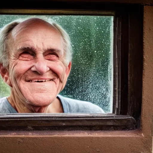 Prompt: a smiling old man seen through a small dirty window