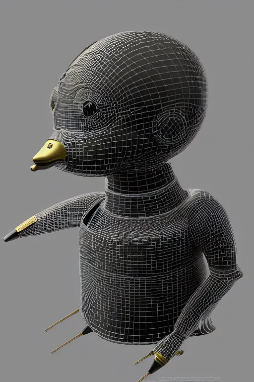 Prompt: robot duck concept portrait, visible screws and wires, 3 d metallic ceramic, detailed, sharp focus, pastel, intricate, realistic, smooth, volumetric lighting, digital painting, by miyazaki