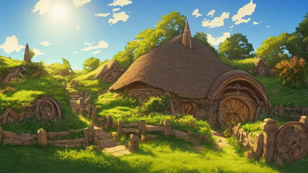 Image similar to hobbiton, clean cel shaded vector art. shutterstock. behance hd by lois van baarle, artgerm, helen huang, by makoto shinkai and ilya kuvshinov, rossdraws, illustration, fantasy, lordoftherings