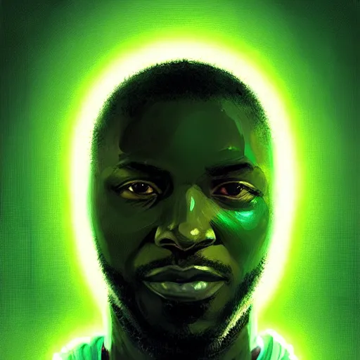 Image similar to portrait of a black man programmer with green hood by greg rutkowski, digital number in the background