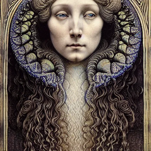 Image similar to detailed realistic beautiful young medieval queen face portrait by jean delville, gustave dore, iris van herpen and marco mazzoni, art forms of nature by ernst haeckel, art nouveau, symbolist, visionary, gothic, pre - raphaelite, fractal lace, surreality, horizontal symmetry, intricate details