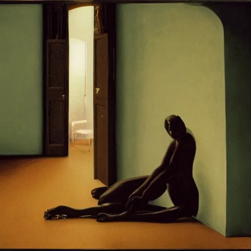 Prompt: a black monster in a liminal room, film still by wes anderson, depicted by canova, limited color palette, very intricate, art nouveau, highly detailed, lights by hopper, soft pastel colors, minimalist