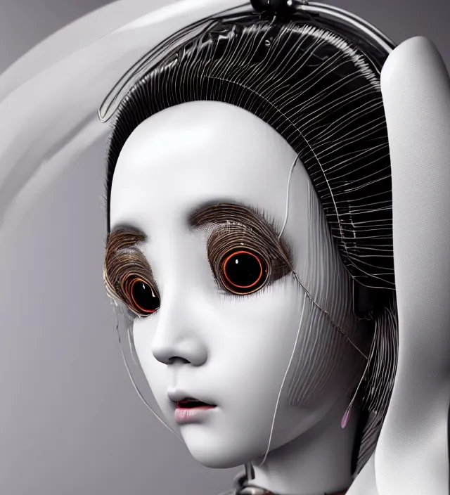 Prompt: portrait of a beautiful japanese robotic geisha with wires and actuators, porcelain white face, dramatic lighting, hyper - realistic, ultra - realistic, intricate details, japanese model, 8 k ultra high definition, octane render