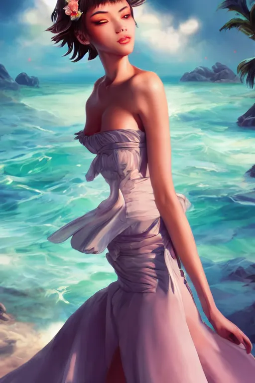 Image similar to a beautiful fashion goddness of love, chic strapless dress, tropical sea background, character design, in the style of artgerm, and wlop, cinematic lighting, hyperdetailed, 8 k realistic, symmetrical, global illumination, radiant light, frostbite 3 engine, cryengine, dof, trending on artstation, digital art