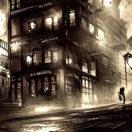 Prompt: a detective in arkham city in the 1 9 2 0's, lovecraftian, noir, concept art, extremely detailed, eerie, art lighting