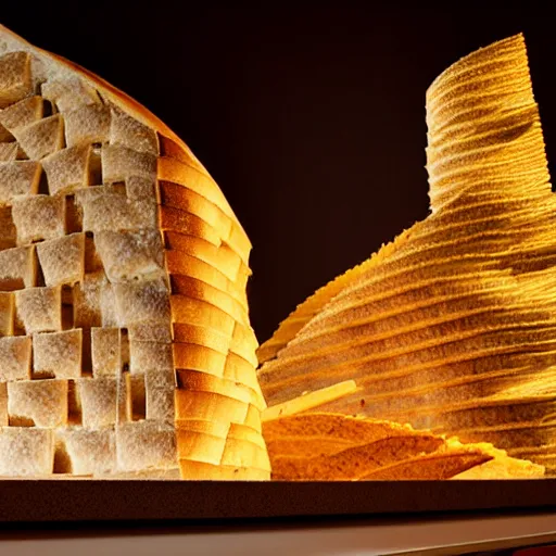 Prompt: a towering impressive building made of bread, cheese, and lunchmeat, dramatic lighting, bokeh, designed by frank gehry