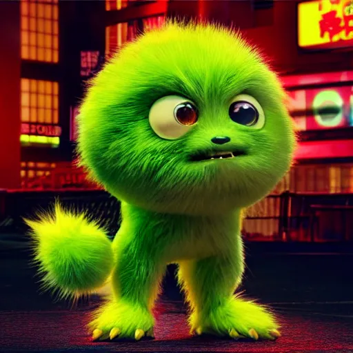 Image similar to high quality 3 d render cyberpunk very tennis ball monster highly detailed, unreal engine cinematic smooth, in the style of detective pikachu, basil gogos, chalk, low angle, uhd 8 k, sharp focus, illustrated by basil gogos