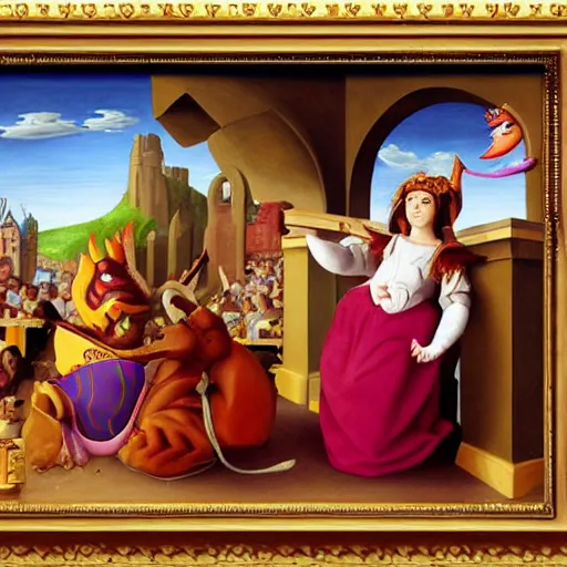 Prompt: Spyro the Dragon eating a whopper at Burger King, in the style of a renaissance painting, historical painting