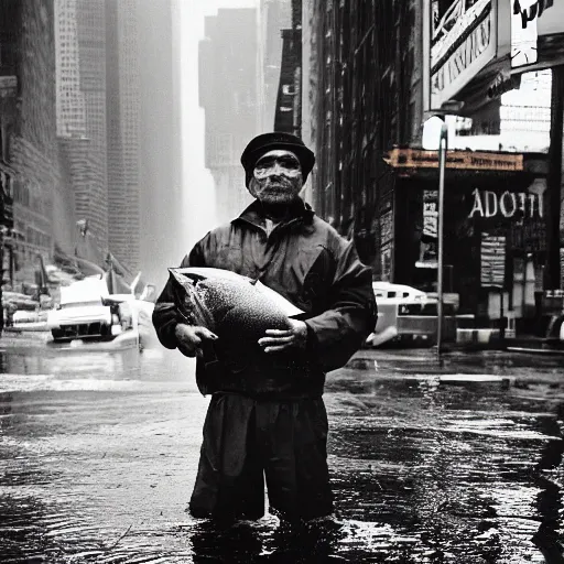 Image similar to closeup portrait of a fisherman holding a big fish in a rainy new york street, photography, time magazine