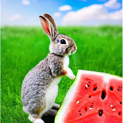 Image similar to a cute rabbit eating watermelon on the green meadow, style by roman shipunov