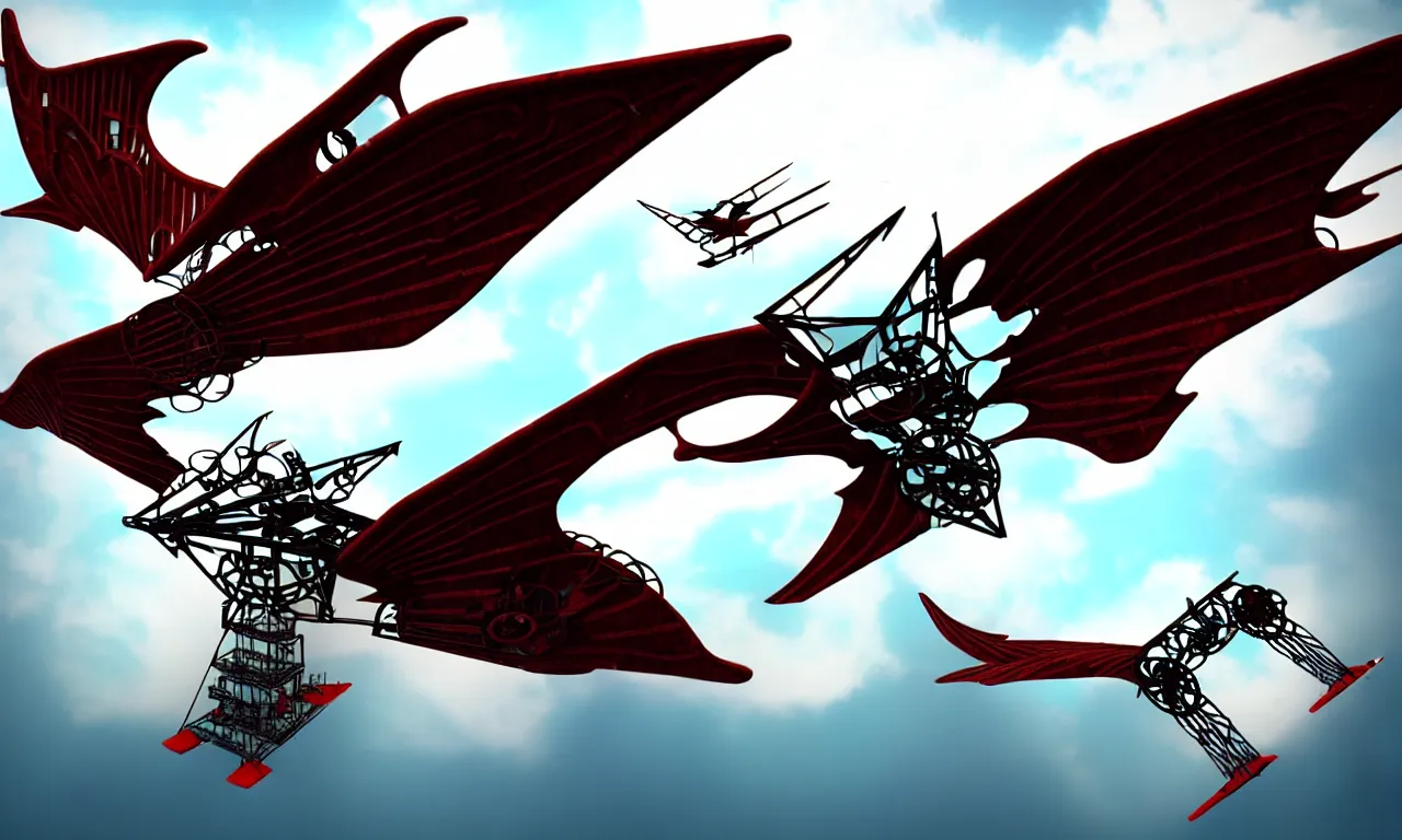 Image similar to mechanical flying ship with giant animallike wings