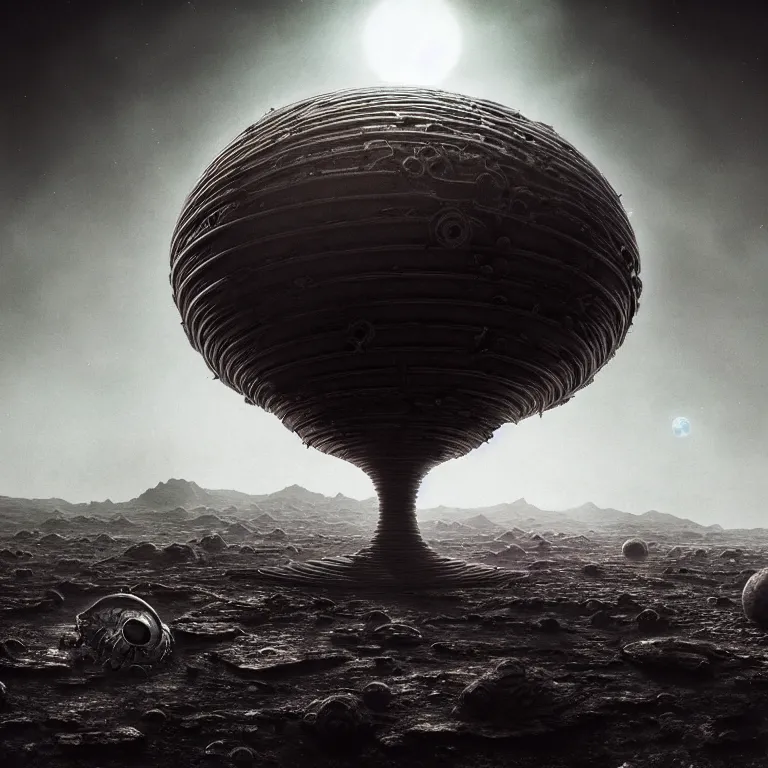 Image similar to ribbed surreal abandoned alien spaceship on exoplanet, covered in a desolate empty wasteland, creepy, nightmare, dream-like heavy atmosphere, surreal abandoned buildings, beautiful detailed intricate insanely detailed octane render trending on Artstation, 8K artistic photography, photorealistic, chiaroscuro, Raphael, Caravaggio, Beksinski, Giger