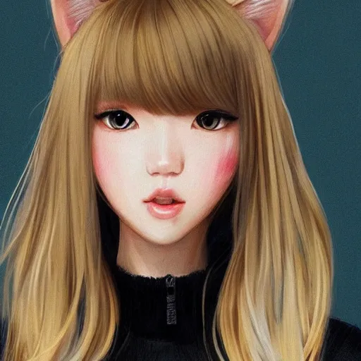 Prompt: realistic beautiful gorgeous natural cute Blackpink Lalisa Manoban blonde hair cute fur blonde cat ears wearing headphones outfit golden eyes artwork drawn full HD 4K highest quality in artstyle by professional artists WLOP, Taejune Kim, Guweiz, ArtGerm on Artstation Pixiv