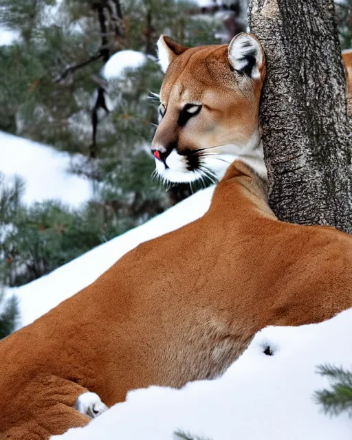 Image similar to ripped up apostcard showing 'a cougar sleeping in the middle of snowy pine tree' laying on coffee table, zoomed out shot, HD, iphone capture