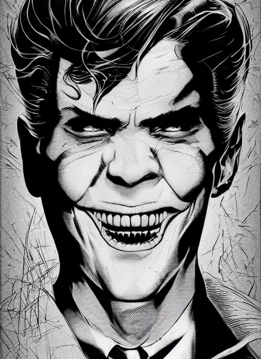 Prompt: aesthetic digital illustration of a handsome young man with a sinister grin by brian bolland, rachel birkett, alex ross, and neal adams | dark, intimidating, imposing, portrait, character concept, concept art, unreal engine, finalrender, centered, deviantart, artgerm