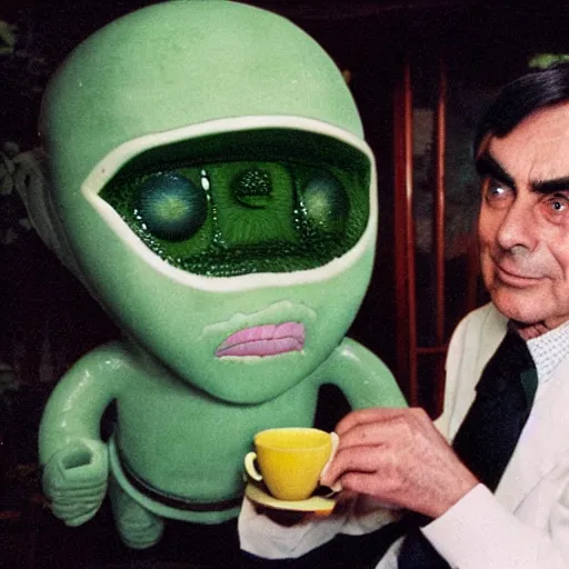 Image similar to carl sagan, green alien, drinking tea in a chinese tea house